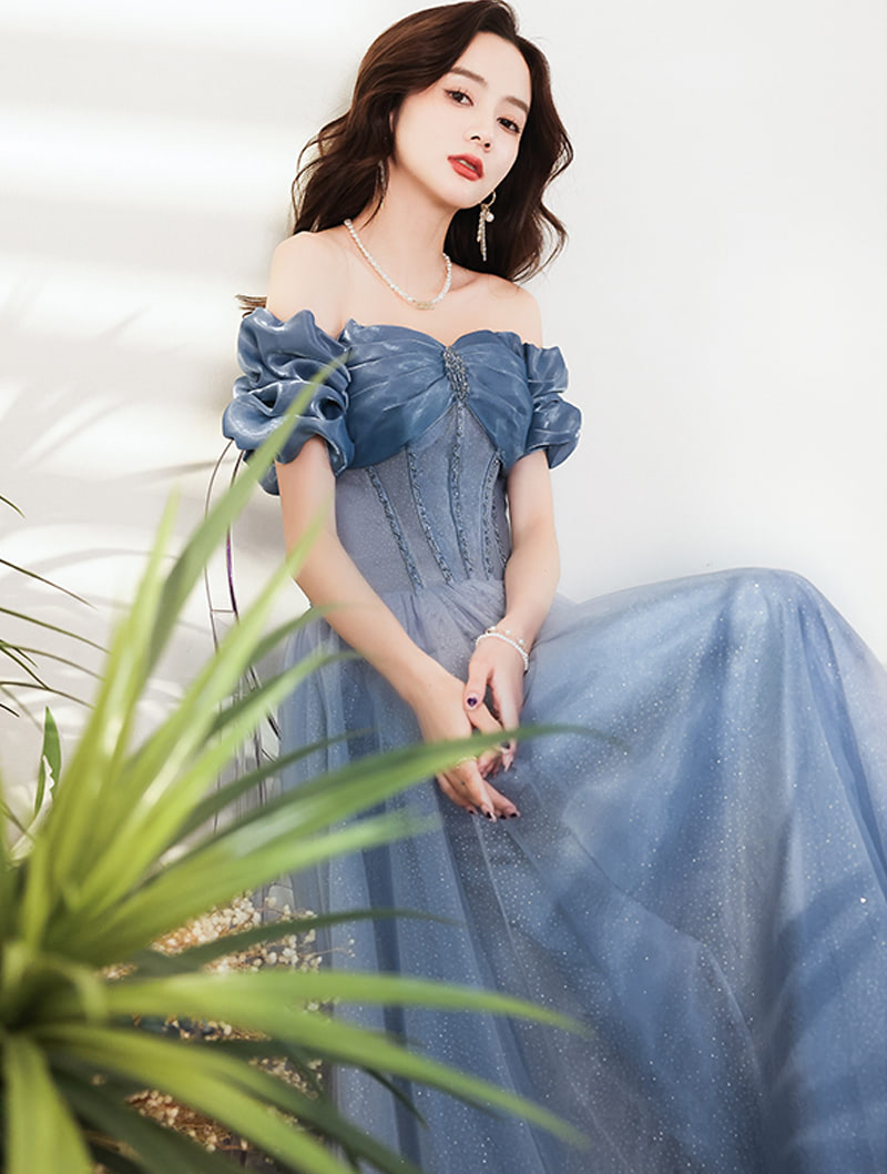 Simple Sexy Off Shoulder Blue Satin Prom Evening Long Dress02