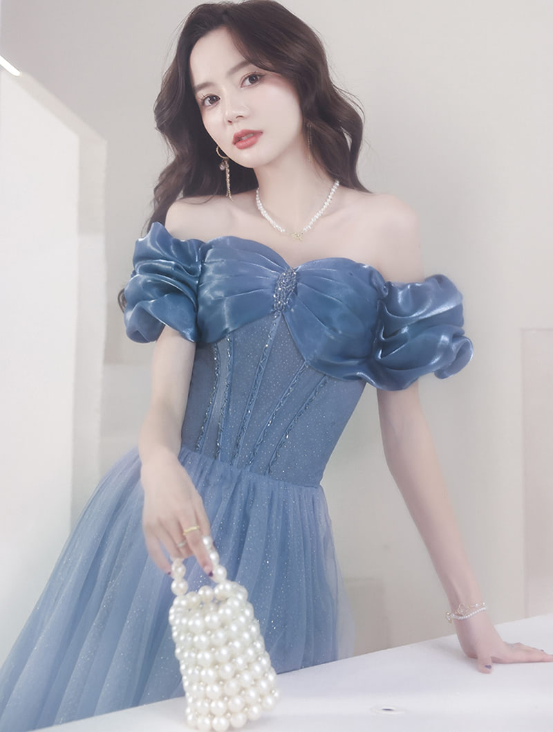 Simple Sexy Off Shoulder Blue Satin Prom Evening Long Dress03