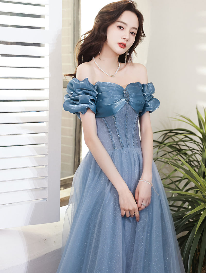 Simple Sexy Off Shoulder Blue Satin Prom Evening Long Dress04