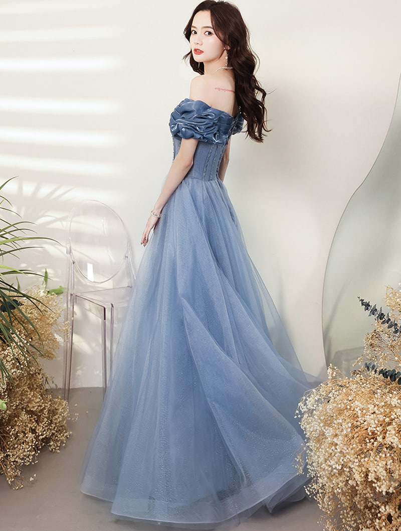 Simple Sexy Off Shoulder Blue Satin Prom Evening Long Dress05