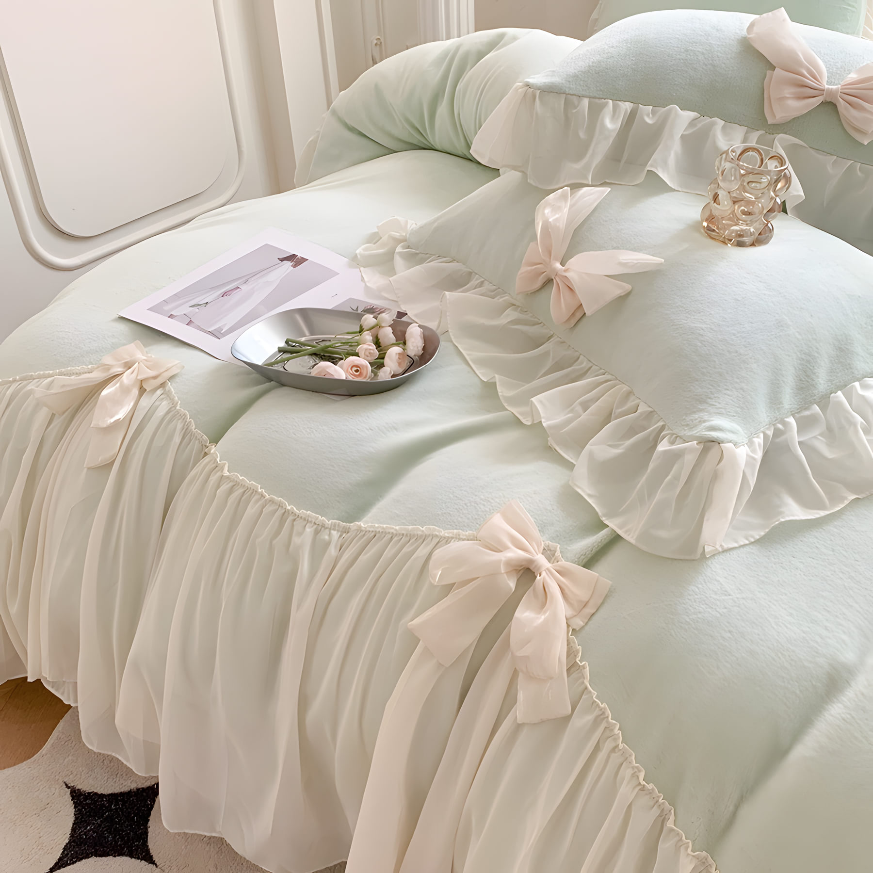 Sweet Bow Milk Fiber Warm and Cozy Bed Sheet Duvet Cover Set06