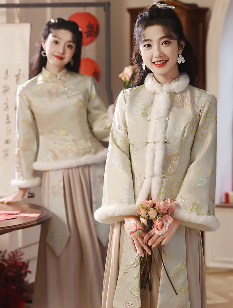 Sweet Chinese Style Green Jacquard Autumn Winter Bridesmaid Dress02