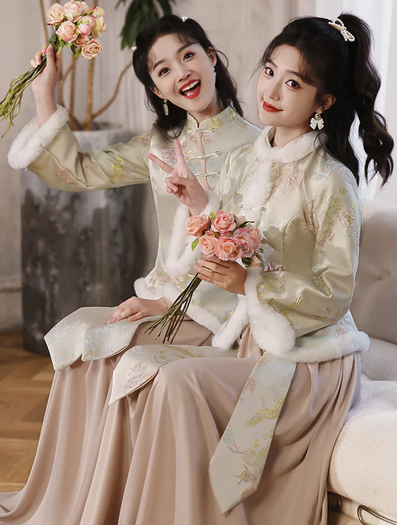 Sweet Chinese Style Green Jacquard Autumn Winter Bridesmaid Dress04