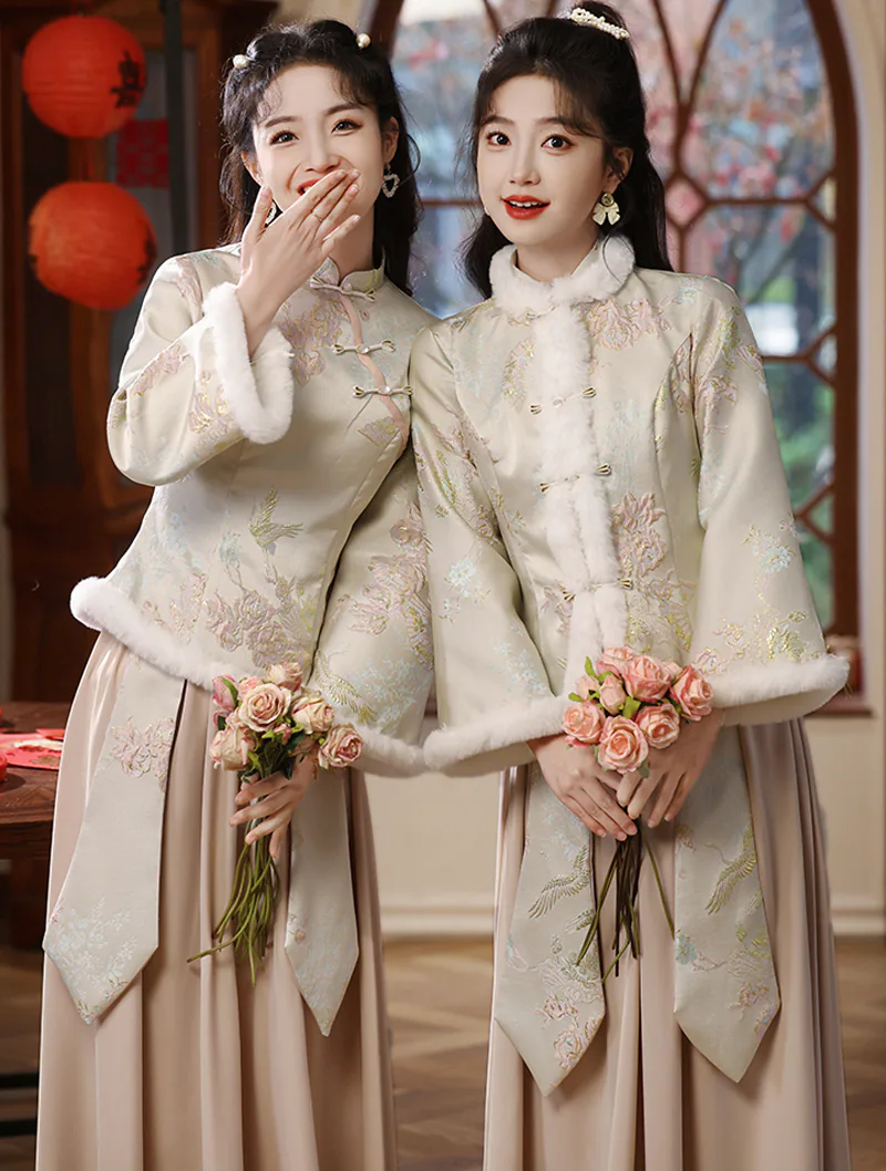 Sweet Chinese Style Green Jacquard Autumn Winter Bridesmaid Dress05