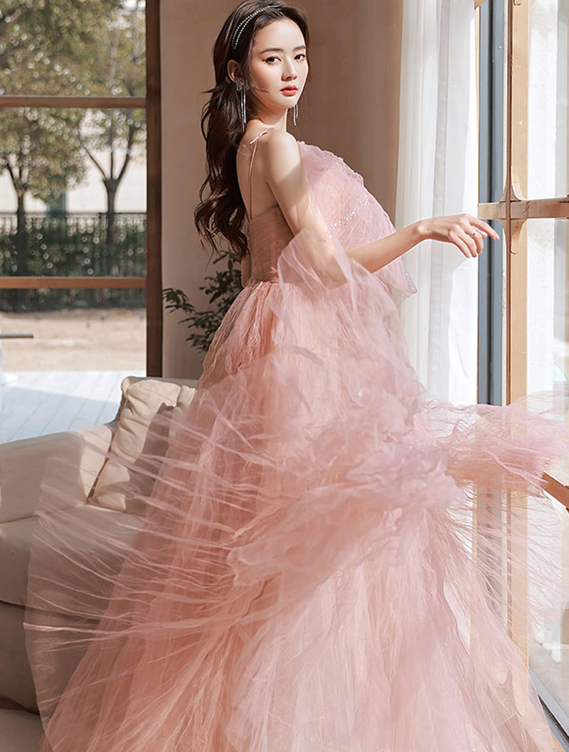 Sweet Fairy Pink Tulle Sleeveless Prom Evening Party Long Dress01