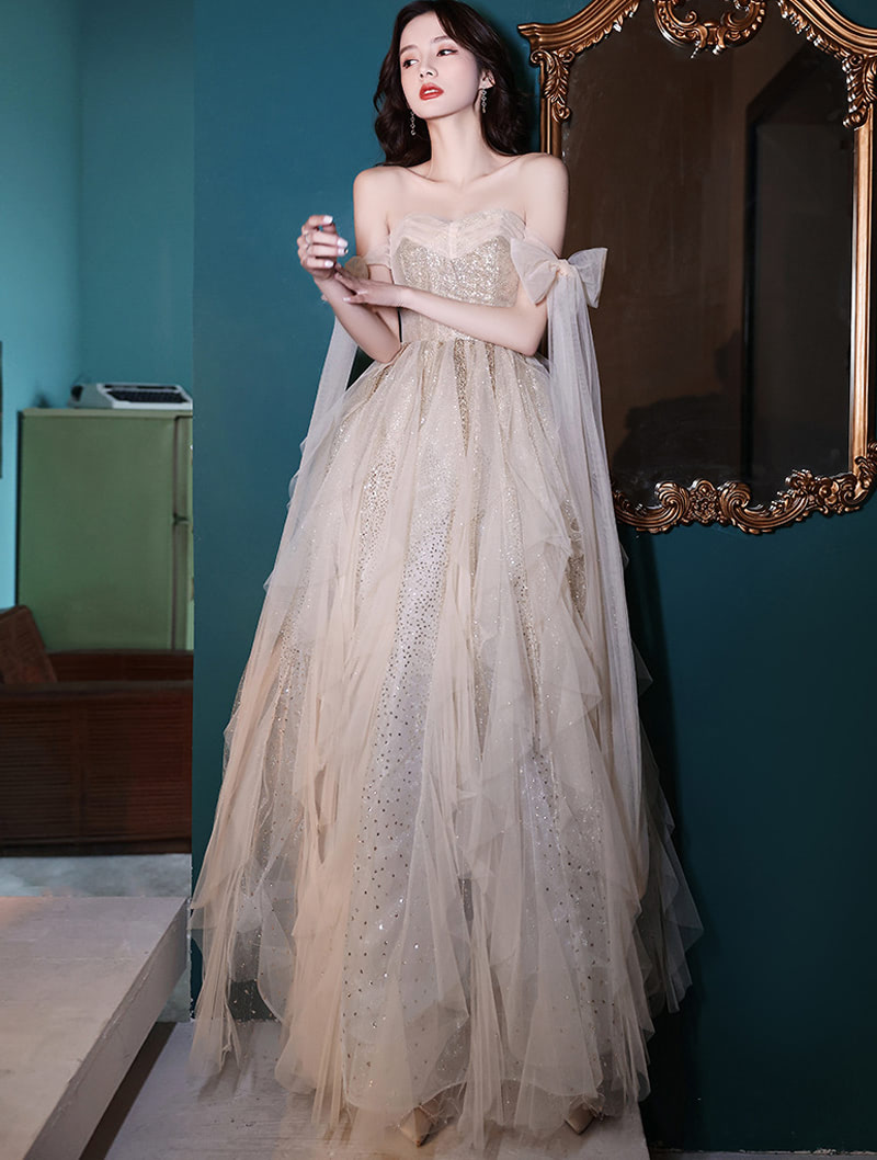 Unique Champagne Tulle Prom Party Evening Formal Long Dress01