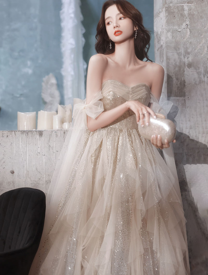 Unique Champagne Tulle Prom Party Evening Formal Long Dress02