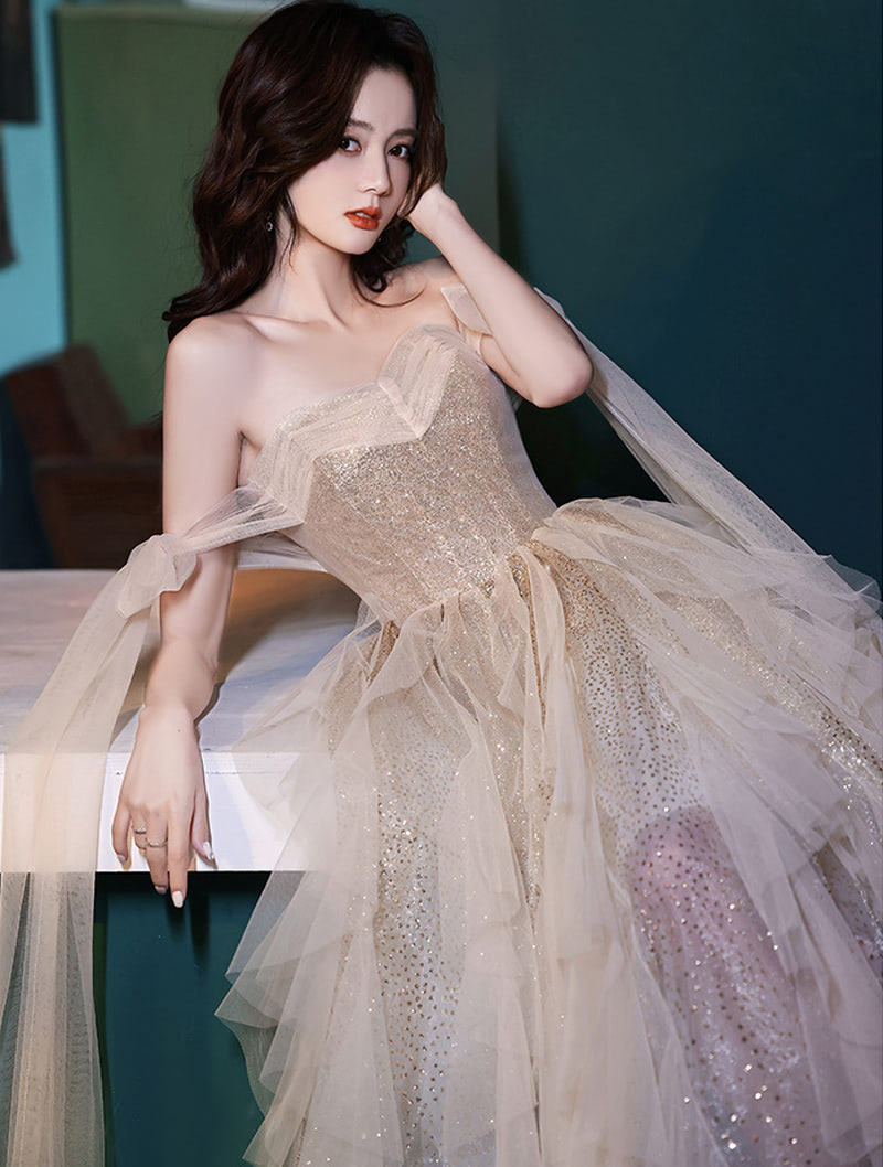 Unique Champagne Tulle Prom Party Evening Formal Long Dress03