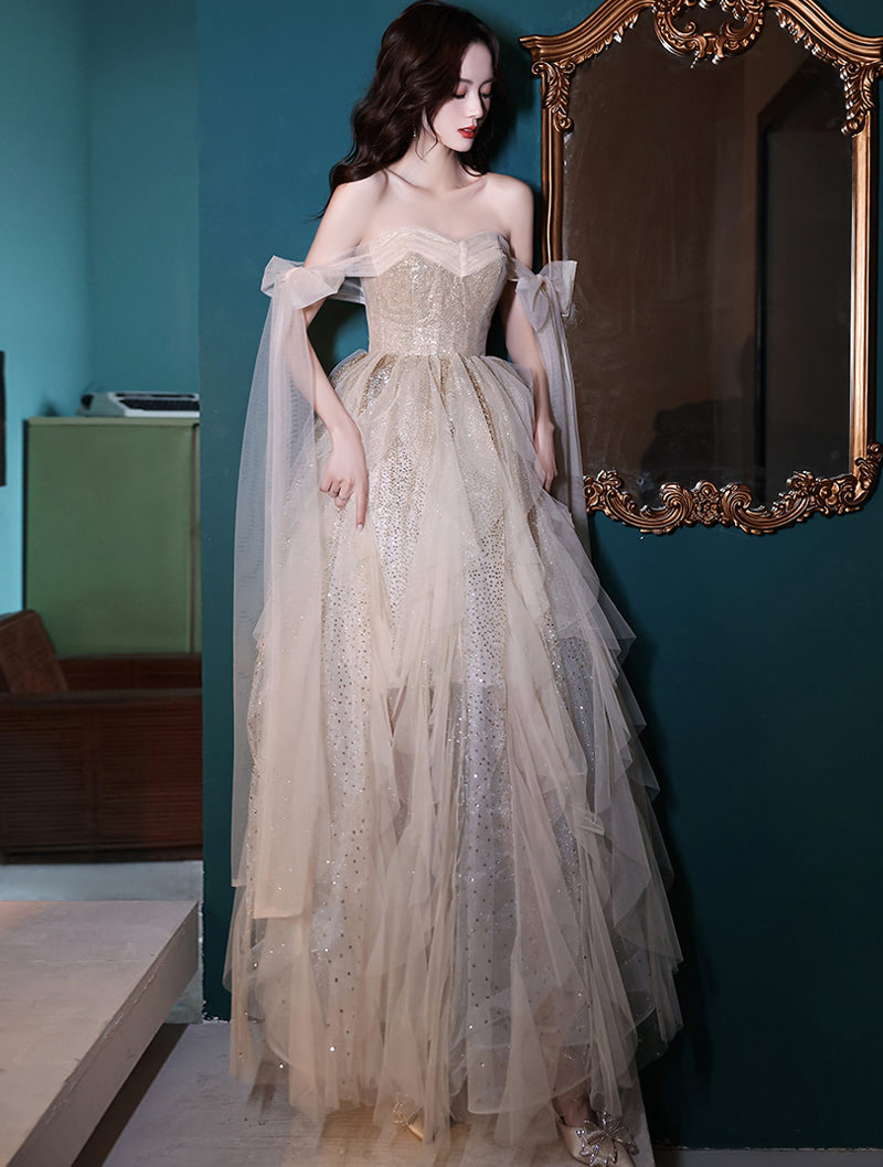 Unique Champagne Tulle Prom Party Evening Formal Long Dress05
