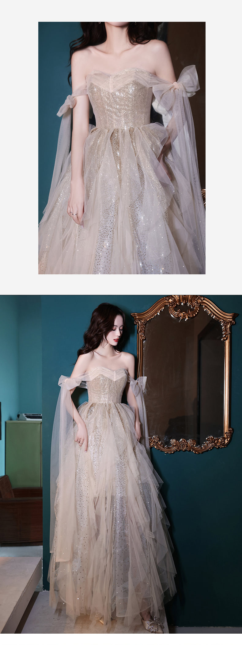 Unique Champagne Tulle Prom Party Evening Formal Long Dress13