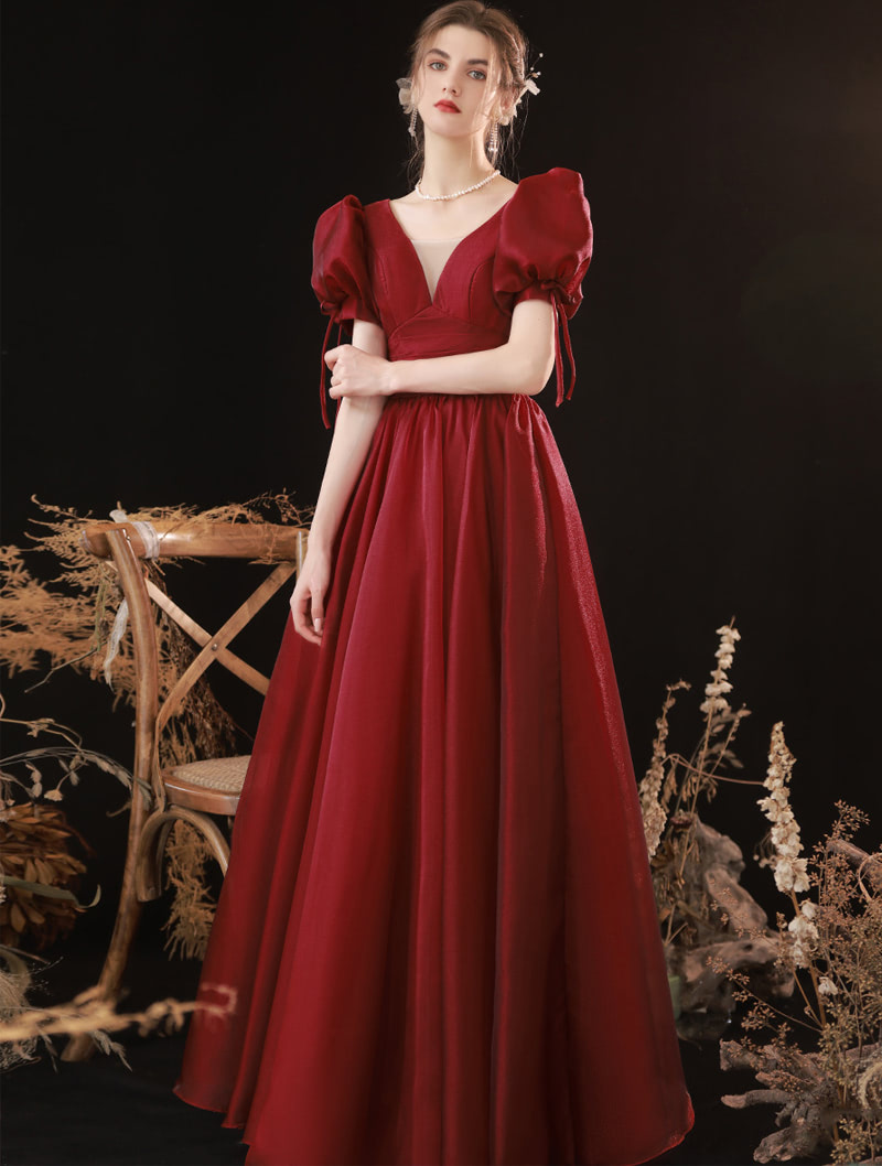 V Neck Short Puff Sleeve Red Prom Party Banquet Evening Dress01