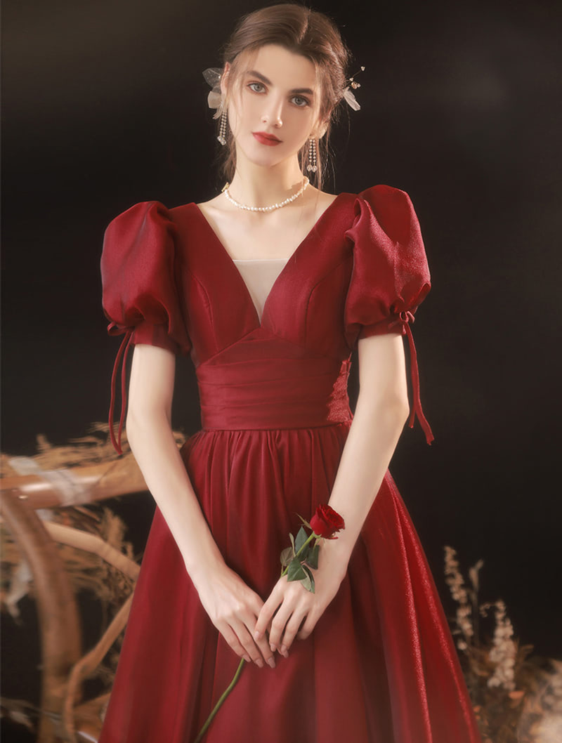 V Neck Short Puff Sleeve Red Prom Party Banquet Evening Dress03