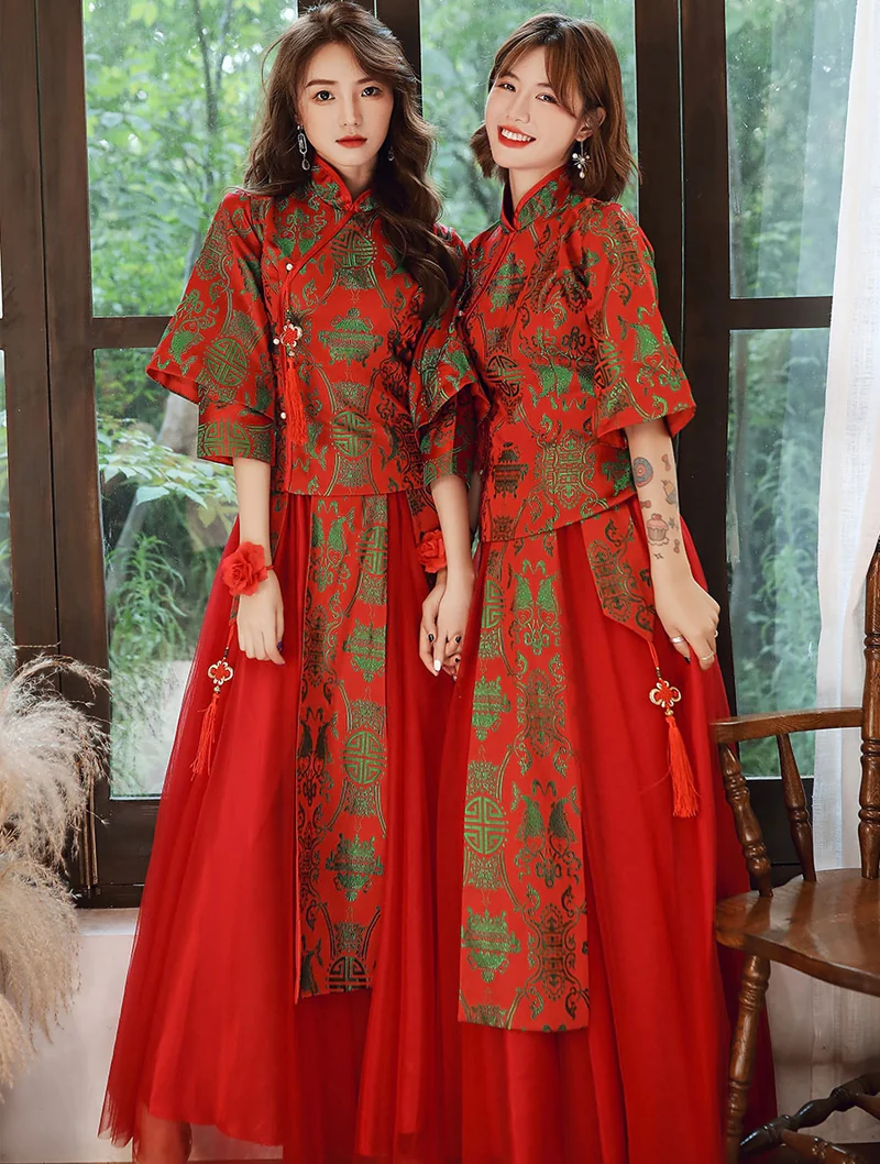 Vintage Chinese Style Red Bridesmaid Dress Party Formal Gown for Ladies01
