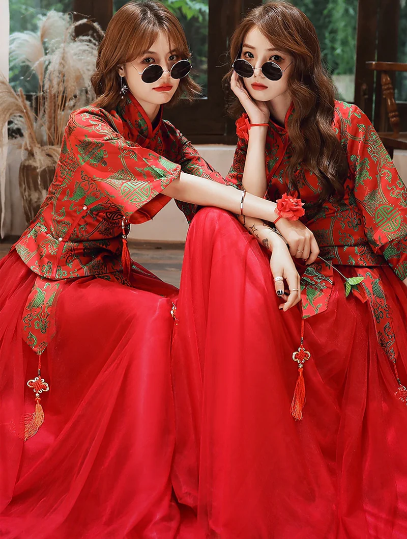 Vintage Chinese Style Red Bridesmaid Dress Party Formal Gown for Ladies03