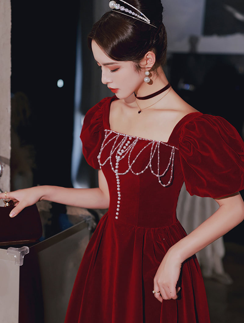 Vintage Hepburn Style Burgundy Formal Prom Evening Party Dress03