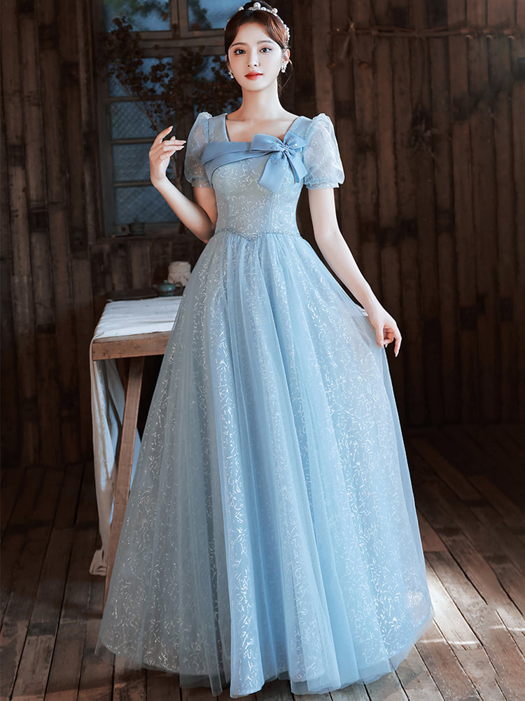 A Line Blue Evening Prom Dress with Bowknot Chic Formal Attire01