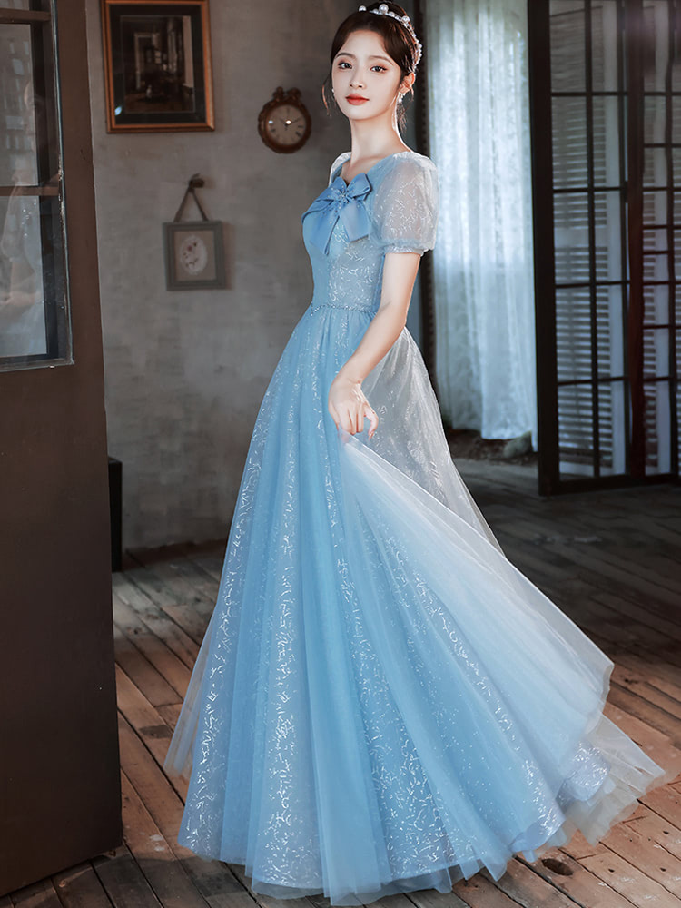 A Line Blue Evening Prom Dress with Bowknot Chic Formal Attire04