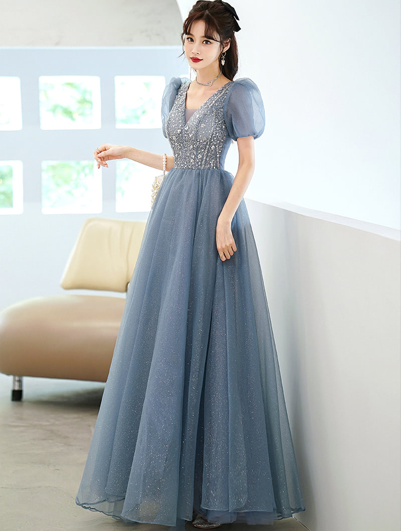 A-Line Blue Tulle Short Sleeve Prom Party Formal Evening Dress01