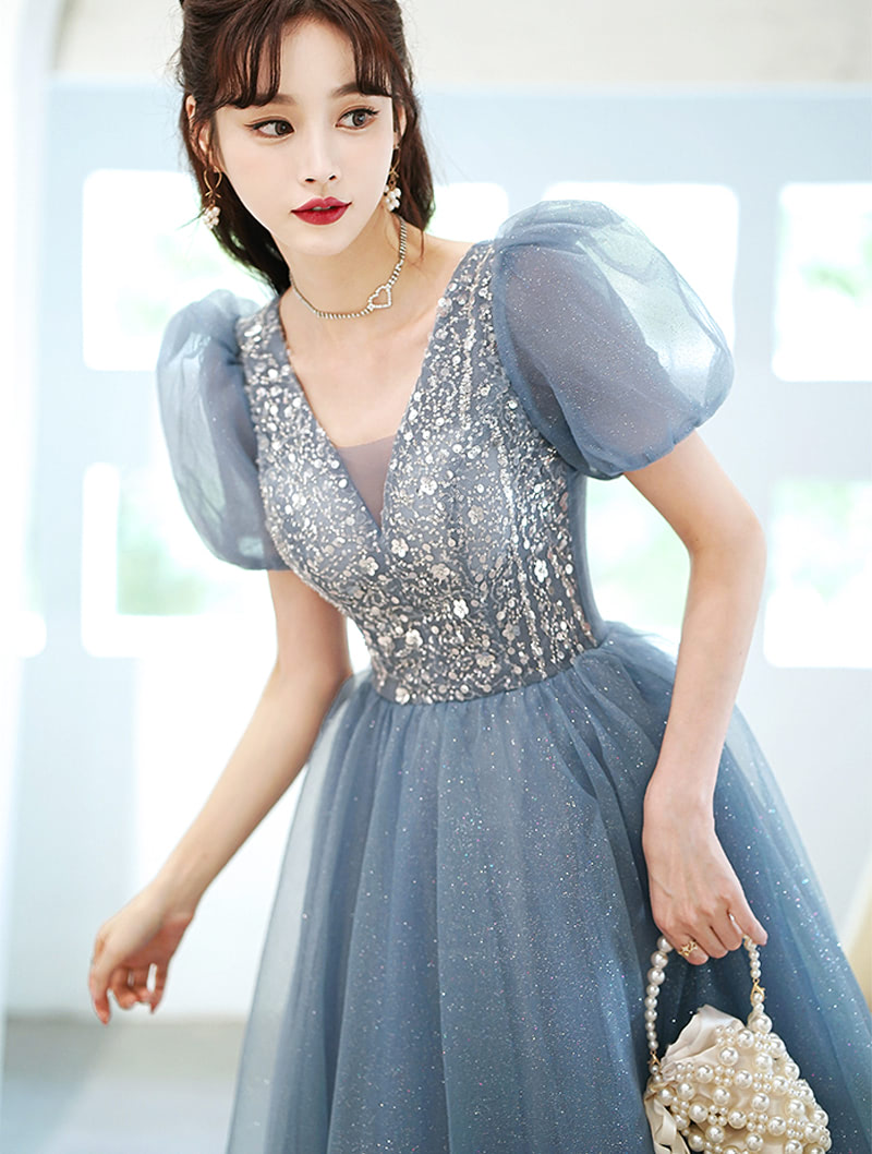 A Line Blue Tulle Short Sleeve Prom Party Formal Evening Dress03