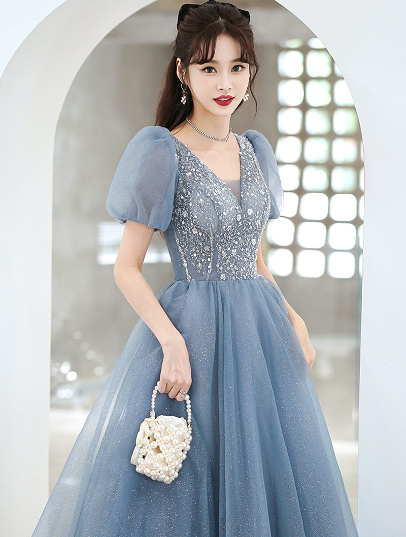 A Line Blue Tulle Short Sleeve Prom Party Formal Evening Dress04