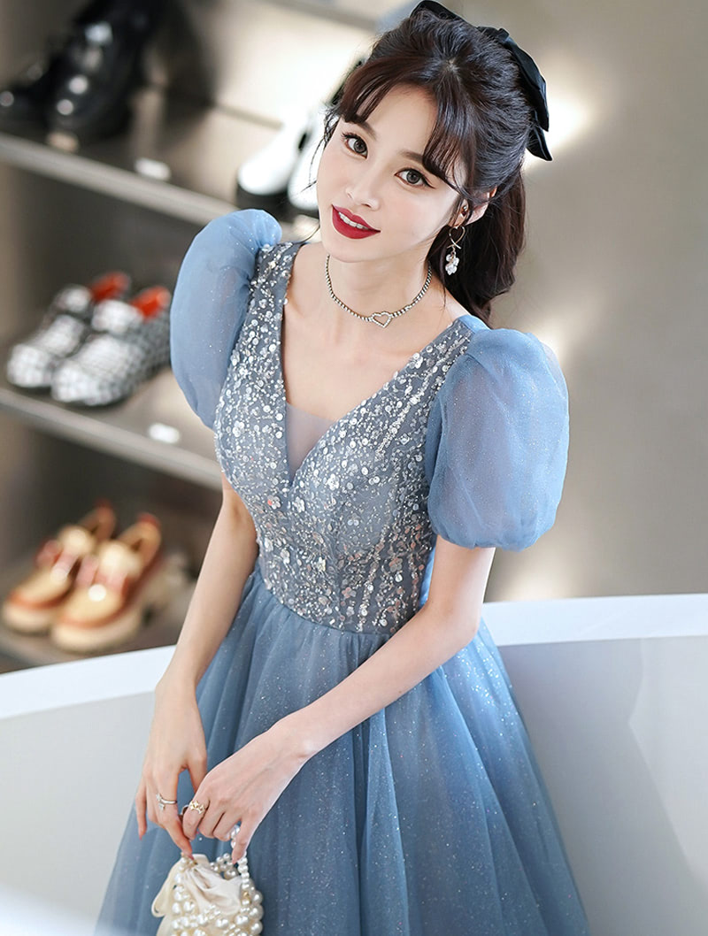 A-Line Blue Tulle Short Sleeve Prom Party Formal Evening Dress05