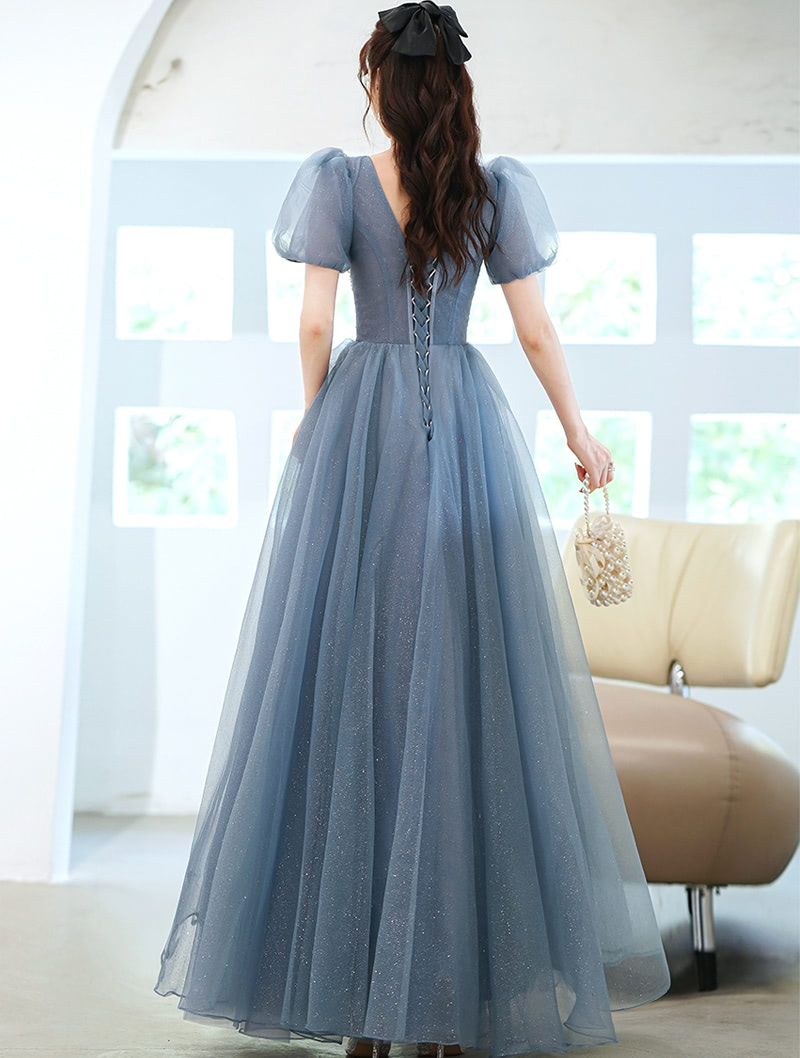 A-Line Blue Tulle Short Sleeve Prom Party Formal Evening Dress06