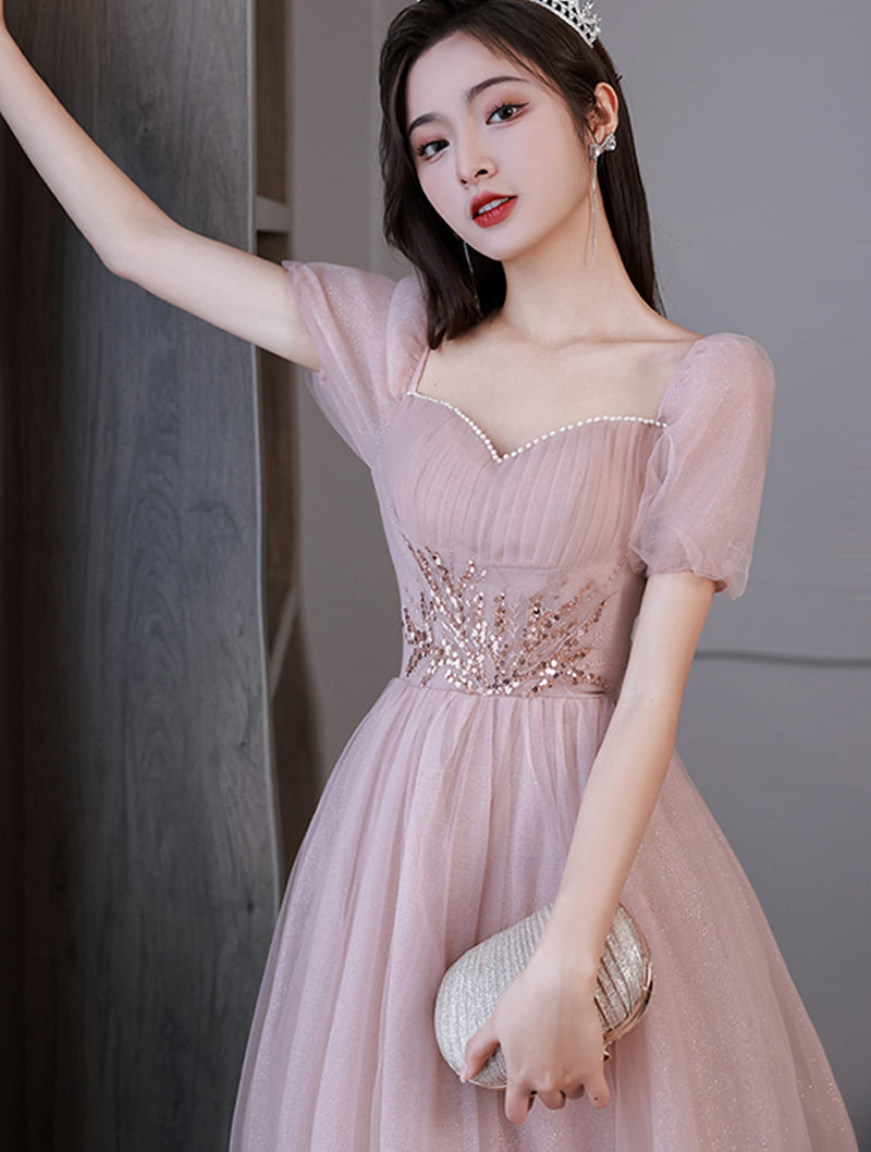 A-Line Simple Pink Tulle Graduation Homecoming Prom Party Dress01