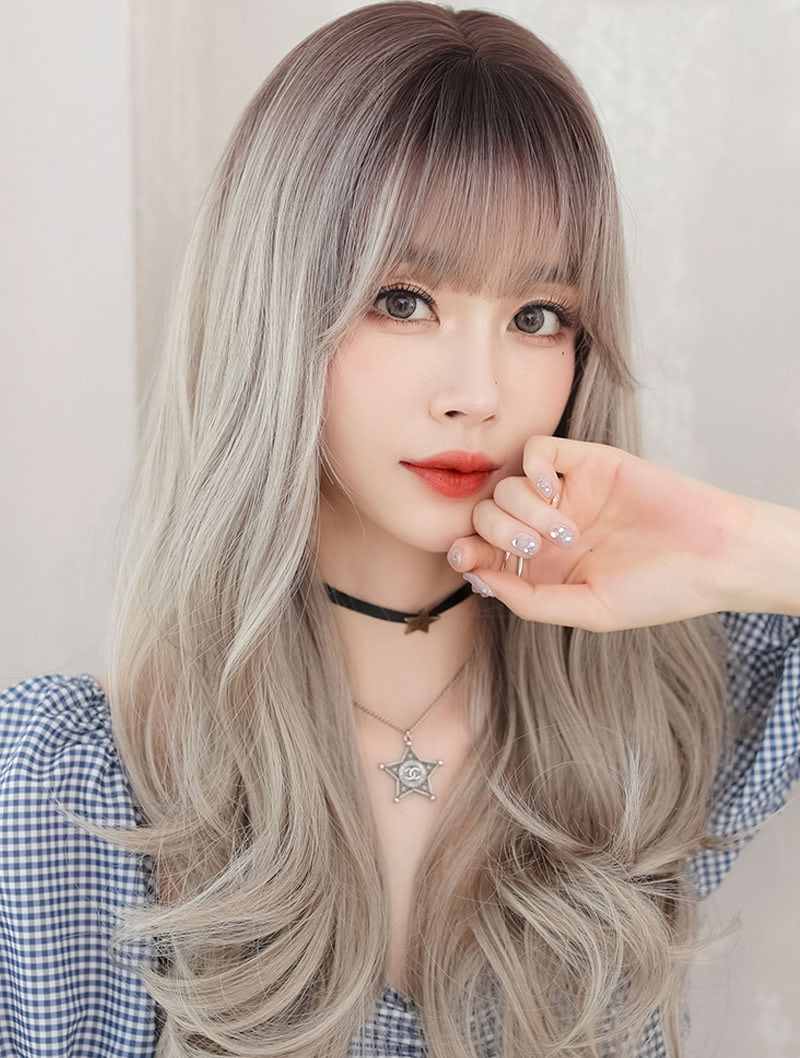 Beautiful Natural Color Gradient Gray Wavy Hair Wig with Bangs03