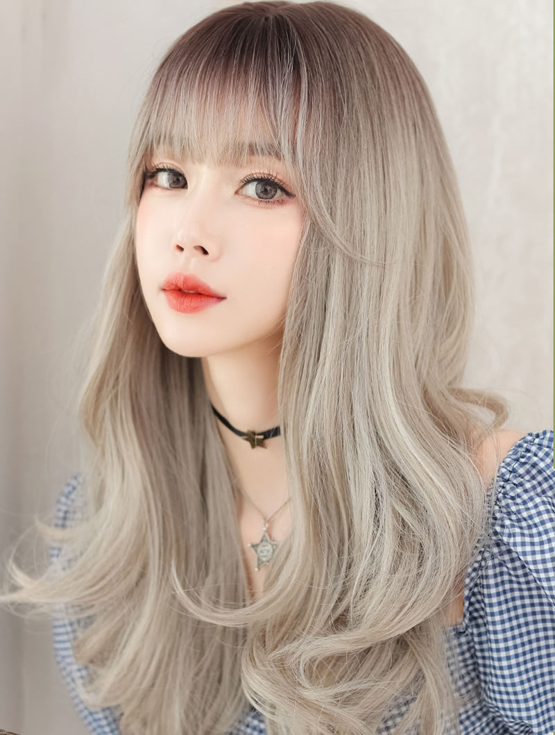 Beautiful Natural Color Gradient Gray Wavy Hair Wig with Bangs01