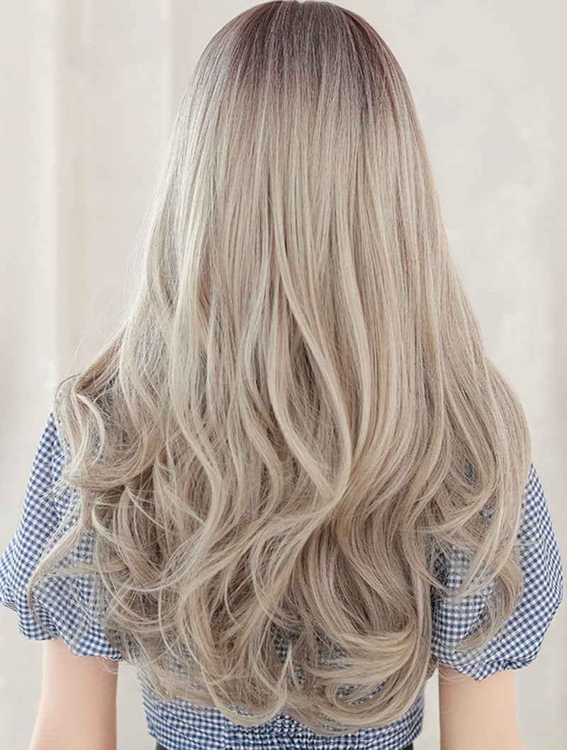 Beautiful Natural Color Gradient Gray Wavy Hair Wig with Bangs05