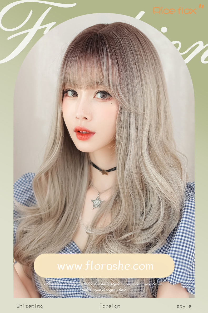 Beautiful Natural Color Gradient Gray Wavy Hair Wig with Bangs06