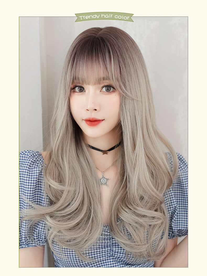 Beautiful Natural Color Gradient Gray Wavy Hair Wig with Bangs07