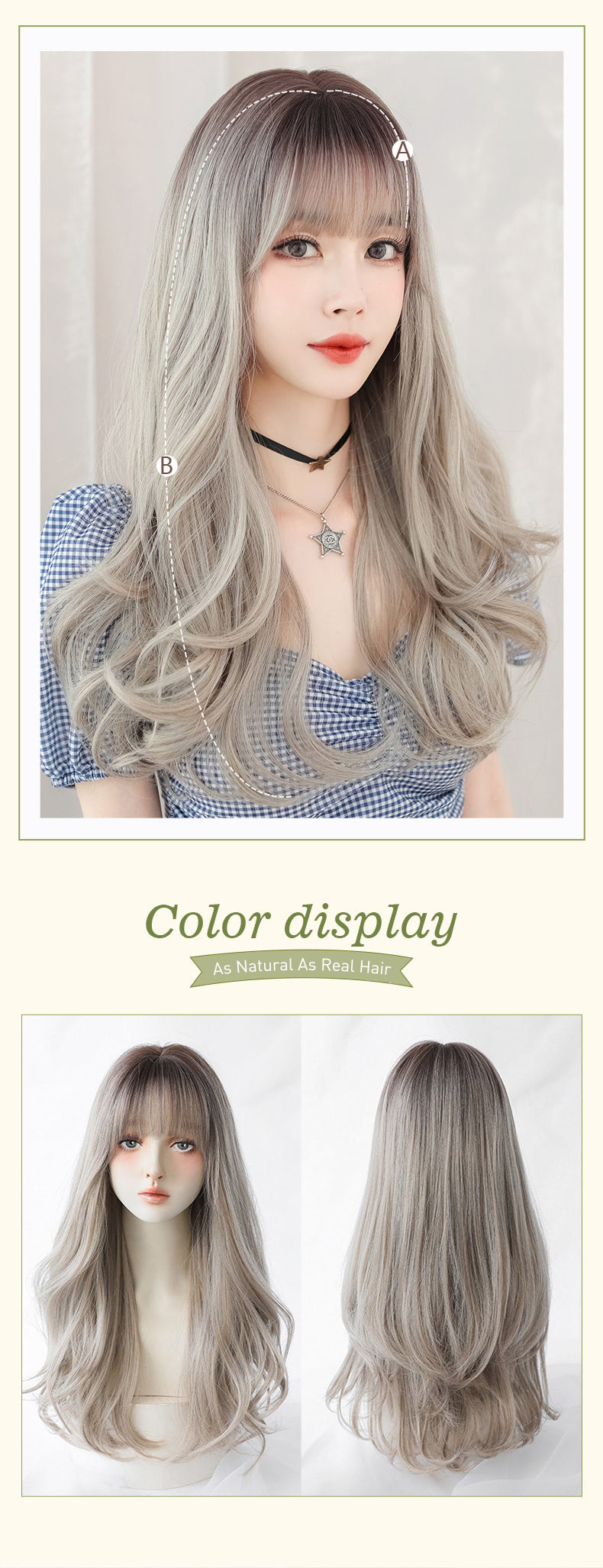 Beautiful Natural Color Gradient Gray Wavy Hair Wig with Bangs08