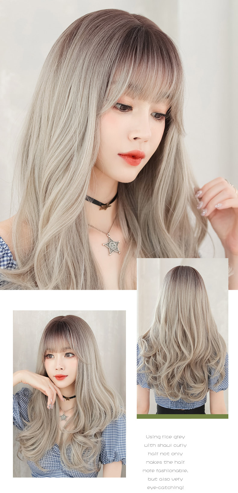 Beautiful Natural Color Gradient Gray Wavy Hair Wig with Bangs09