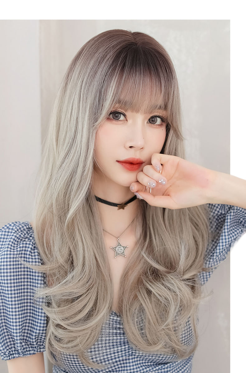 Beautiful Natural Color Gradient Gray Wavy Hair Wig with Bangs10