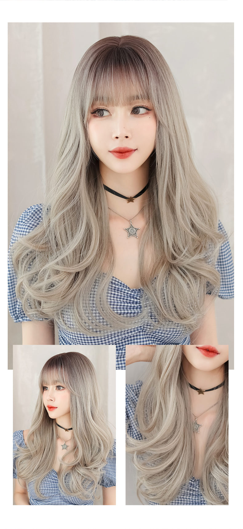 Beautiful Natural Color Gradient Gray Wavy Hair Wig with Bangs11