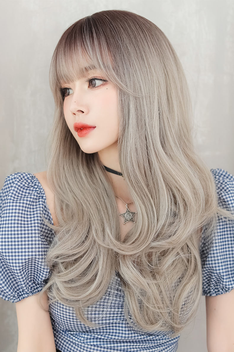 Beautiful Natural Color Gradient Gray Wavy Hair Wig with Bangs12