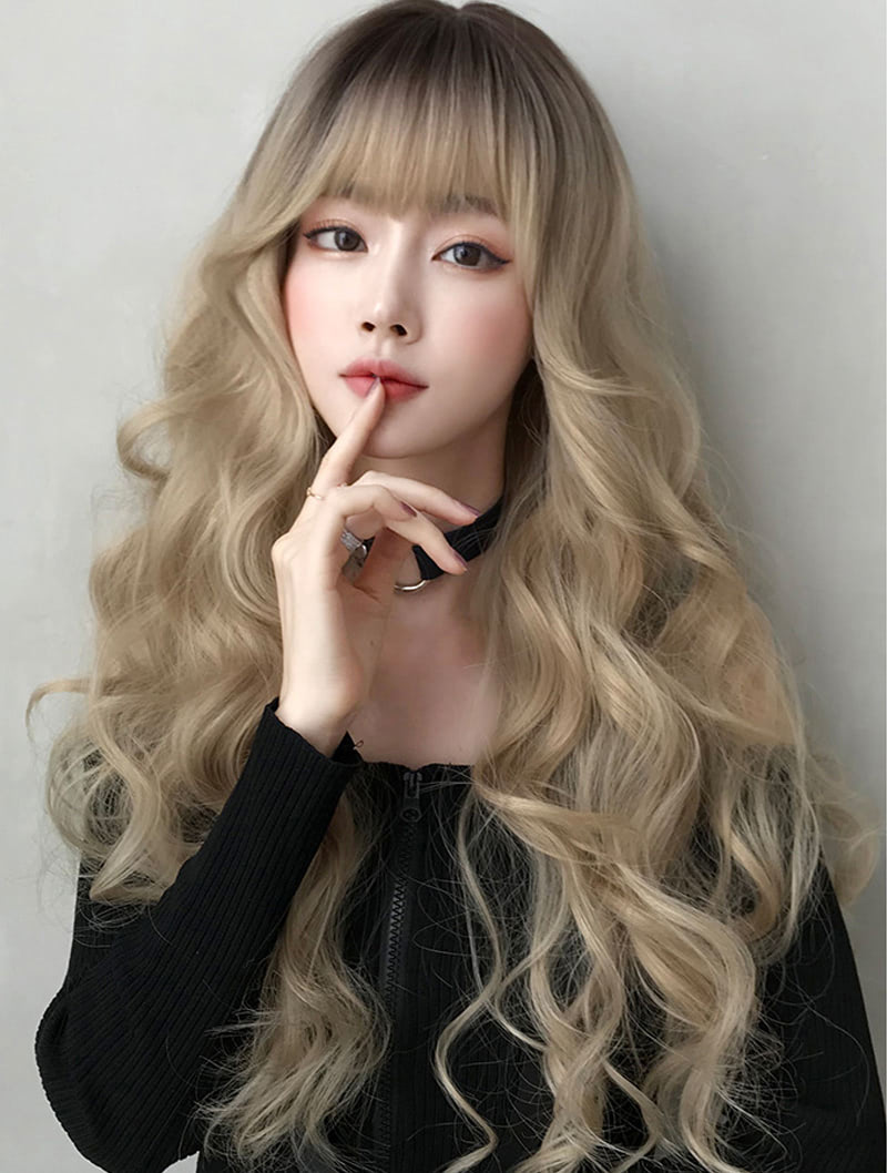 Brown Roots Female Natural Long Wavy Hair Wig with Blunt Bangs02