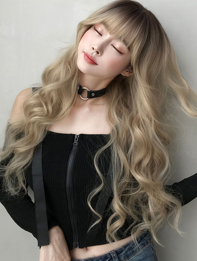 Brown Roots Female Natural Long Wavy Hair Wig with Blunt Bangs01