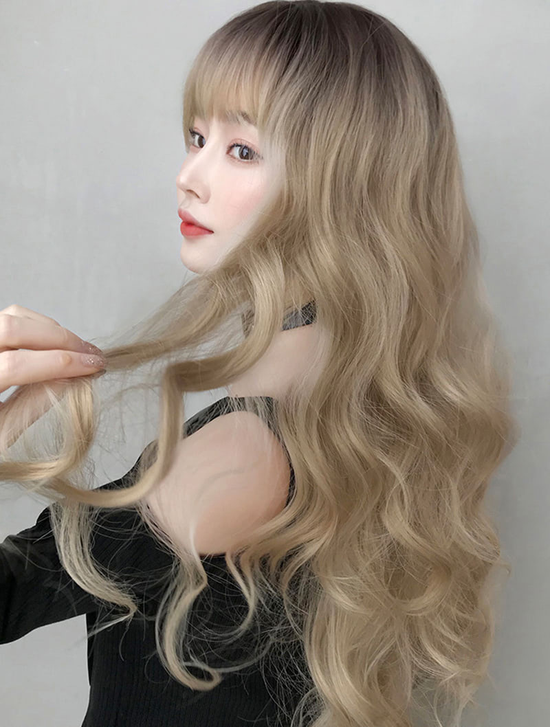 Brown Roots Female Natural Long Wavy Hair Wig with Blunt Bangs01