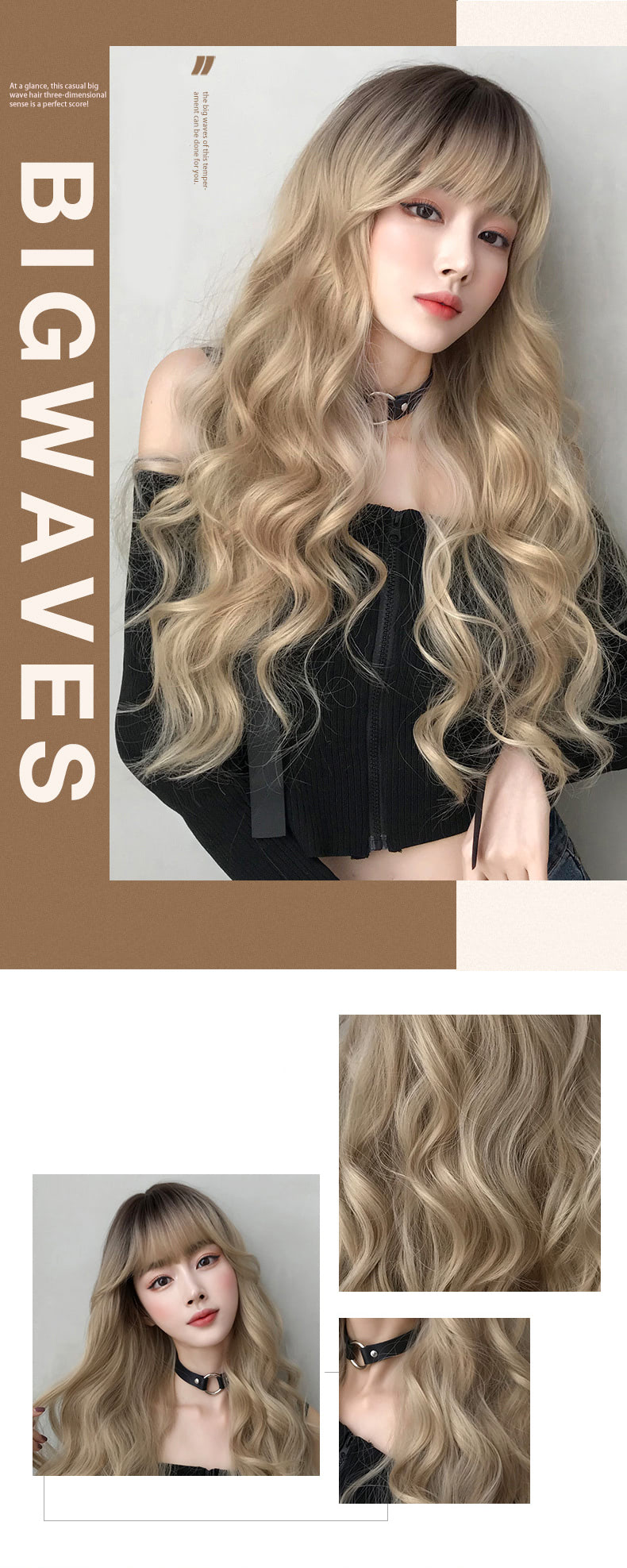 Brown Roots Female Natural Long Wavy Hair Wig with Blunt Bangs06