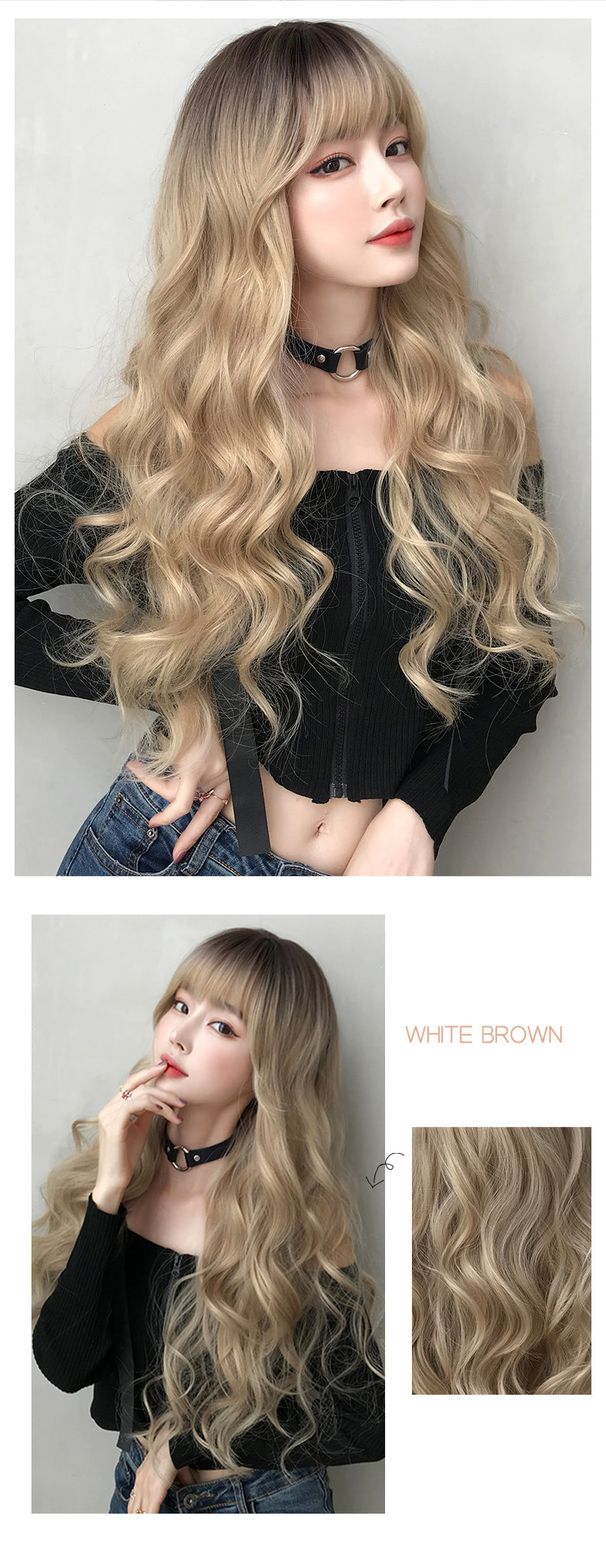 Brown Roots Female Natural Long Wavy Hair Wig with Blunt Bangs09