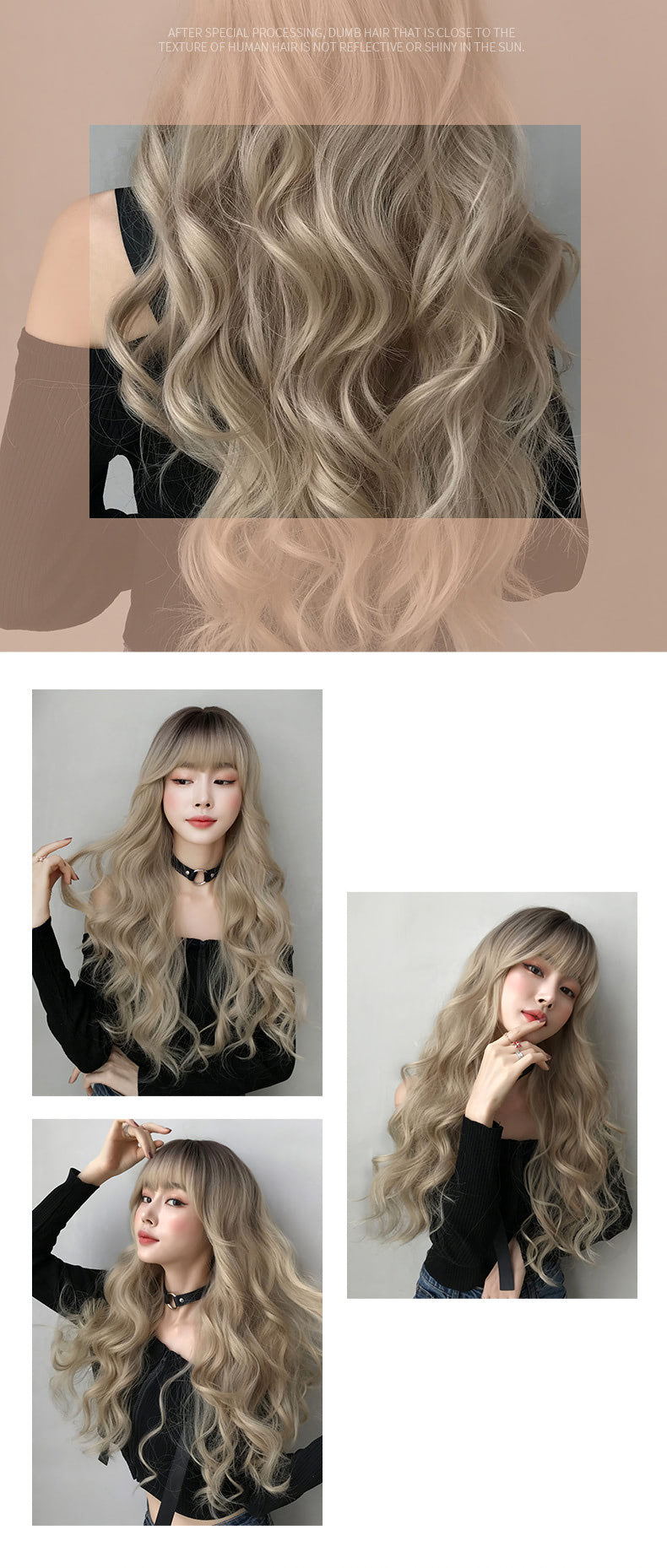 Brown Roots Female Natural Long Wavy Hair Wig with Blunt Bangs10