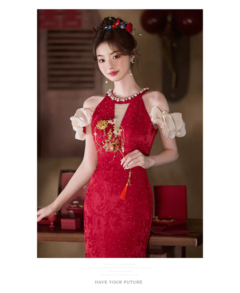 chinese dress ladies Morgan Red Mermaid Halter Neck Lace Mermaid Long Prom Dress main image 0
