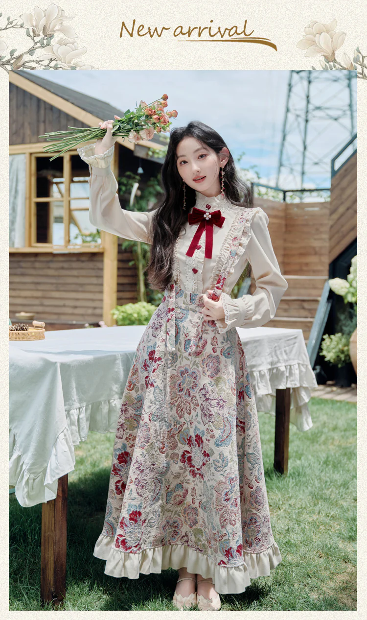 Cottagecore-Victorian-Jacquard-Floral-Dress-with-Blouse-Casual-Outfit07