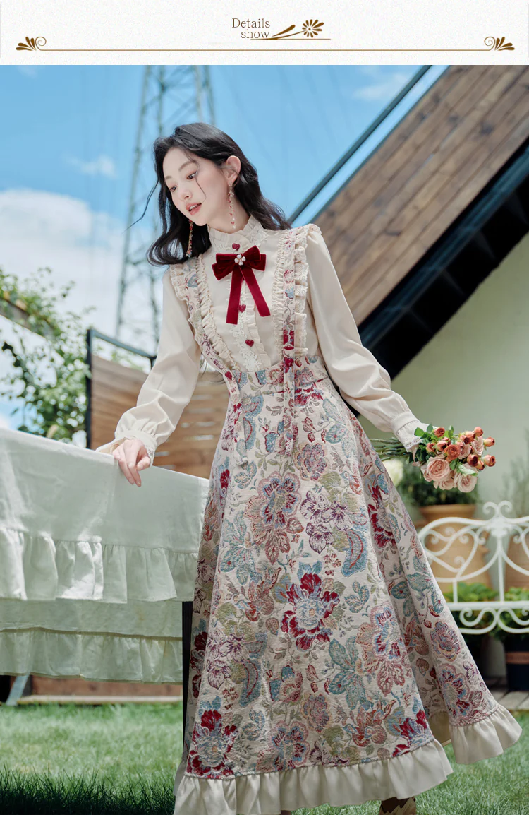 Cottagecore-Victorian-Jacquard-Floral-Dress-with-Blouse-Casual-Outfit08