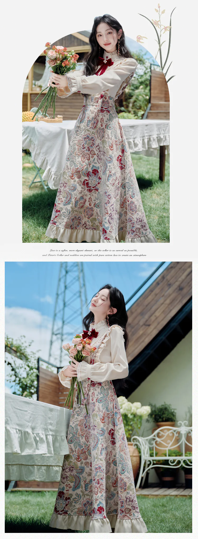 Cottagecore-Victorian-Jacquard-Floral-Dress-with-Blouse-Casual-Outfit09