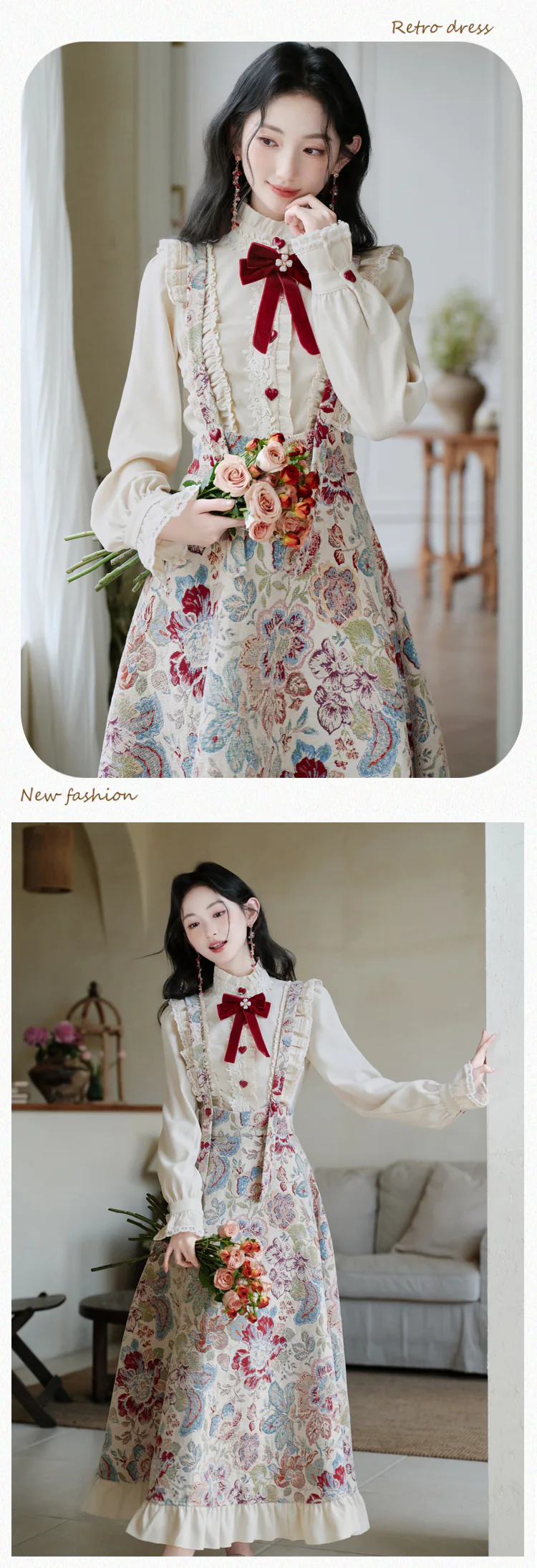Cottagecore-Victorian-Jacquard-Floral-Dress-with-Blouse-Casual-Outfit10