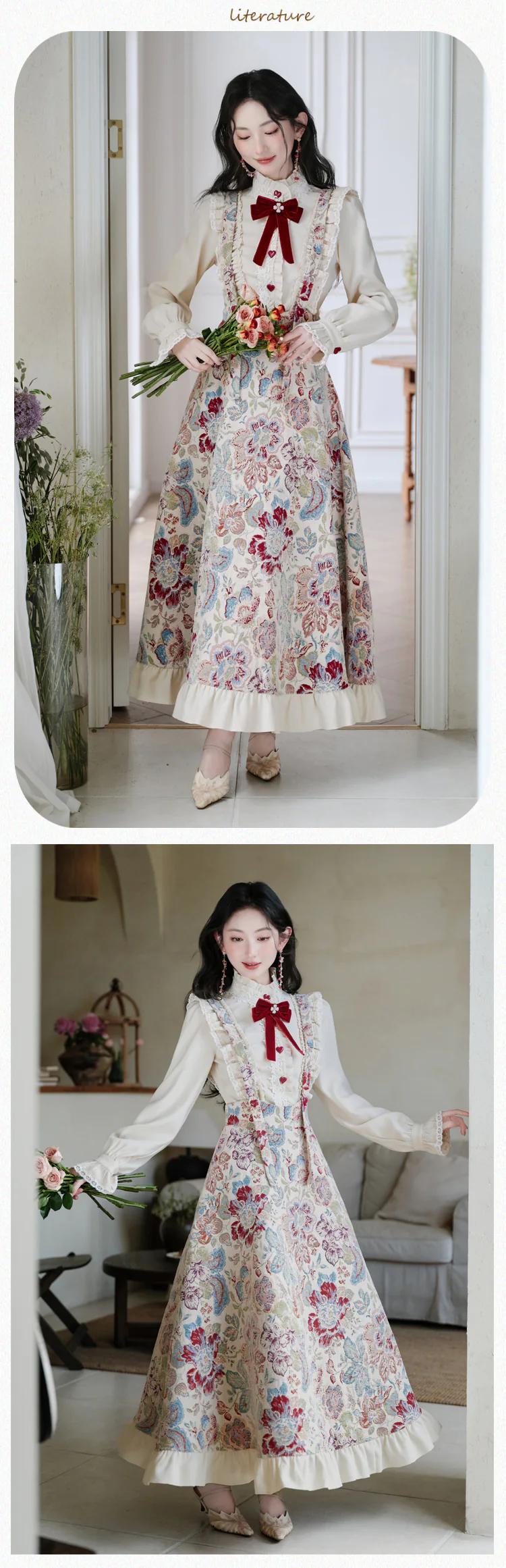 Cottagecore-Victorian-Jacquard-Floral-Dress-with-Blouse-Casual-Outfit11