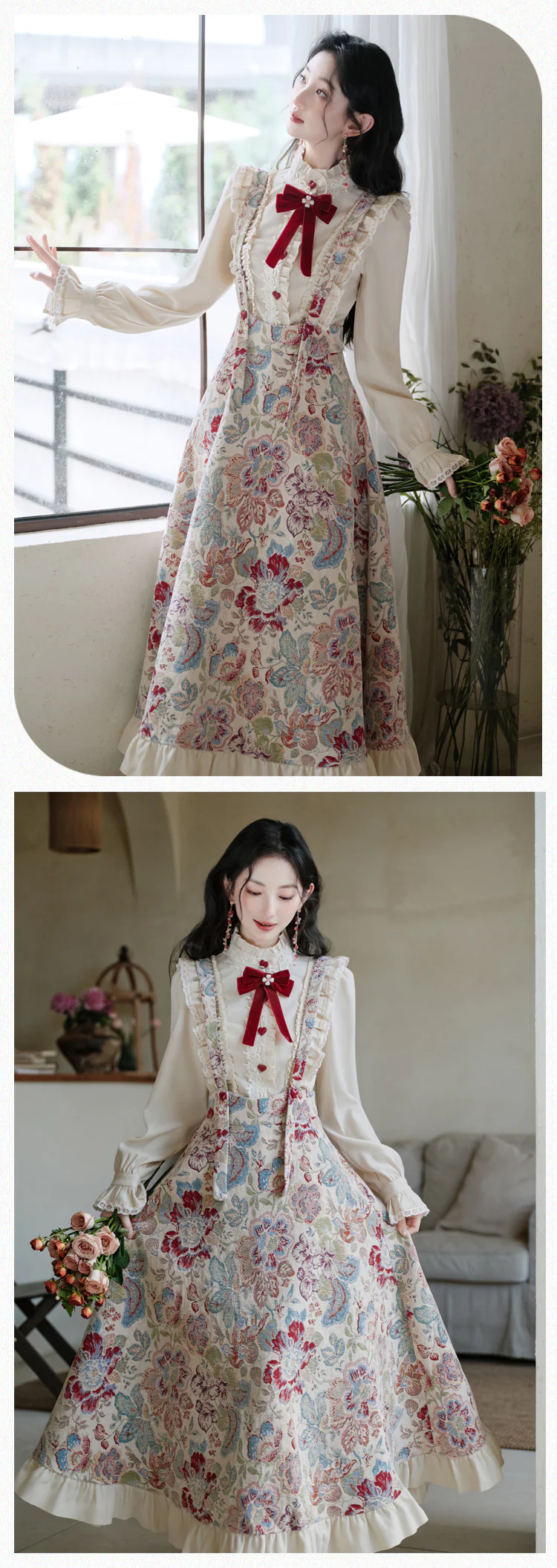 Cottagecore-Victorian-Jacquard-Floral-Dress-with-Blouse-Casual-Outfit12